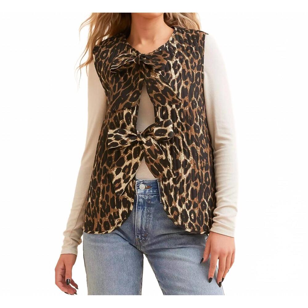 NEW VEVERET animal print quilt ribbon tie vest in black multi